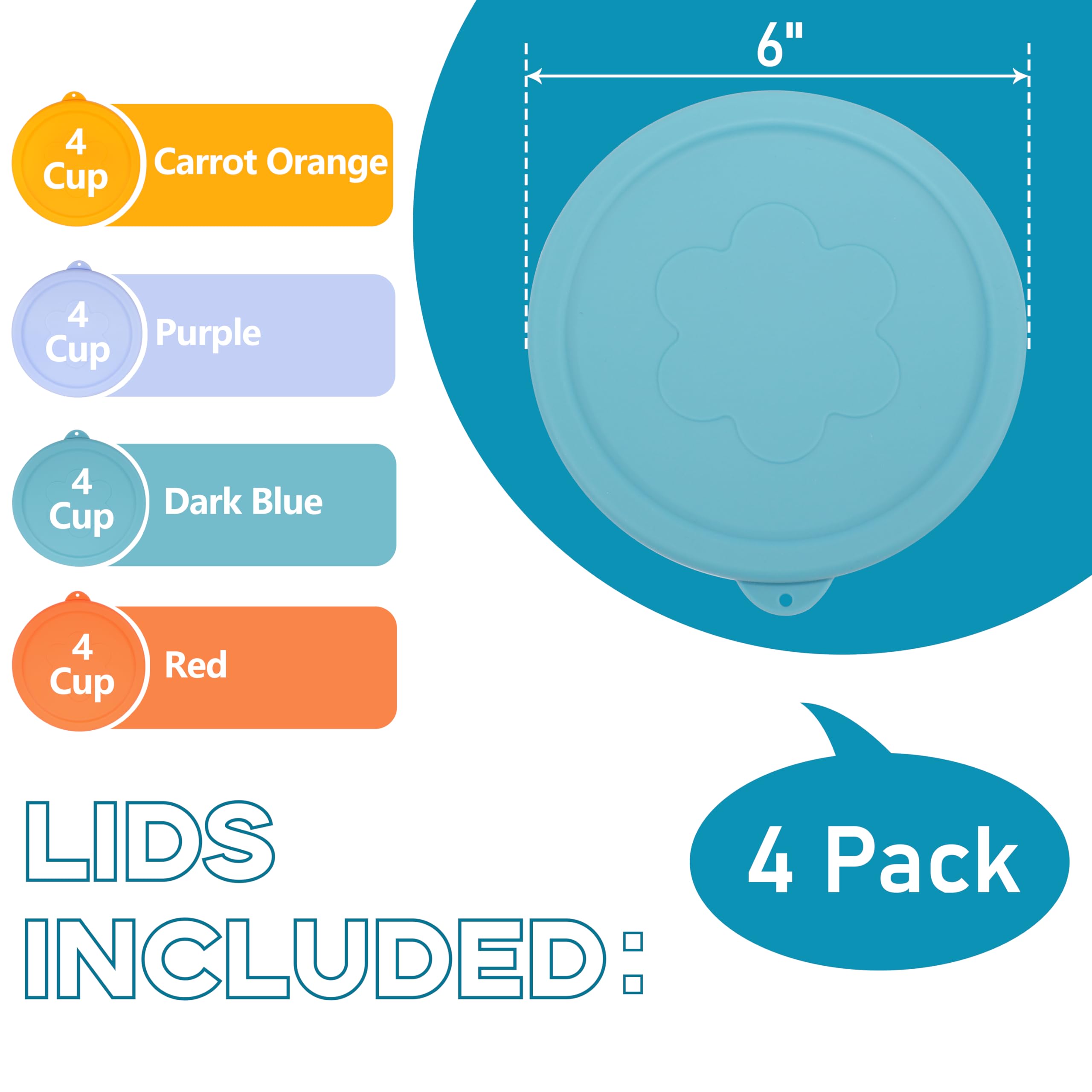 LUVCOSY 4 Cup Silicone Replacement Lids Storage Cover for Anchor Hocking Glass Bowls (Container not Included) 4 Pack Microwave, Dishwasher and Freezer Safe