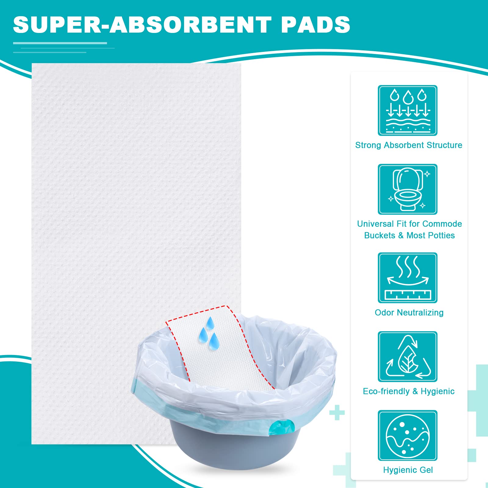 Oumee 90 Count Absorbent Commode Pads for Bedside Commode Bucket, Commode Liners Pads with Absorbent Gel, Potty Liner Pads for Adults Portable Toilet Bags Bedpans (90 Pcs)