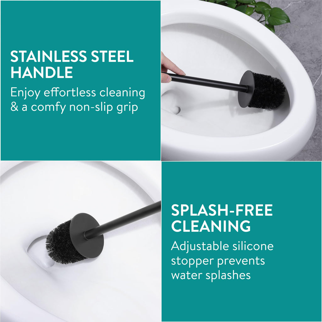 Navaris Toilet Brush and Holder Set, Blue - Toilet Brushes & Holders - Soft Touch & Rubber Coated Loo Brush with Stainless Steel Handle - Adjustable Silicone Water Stopper