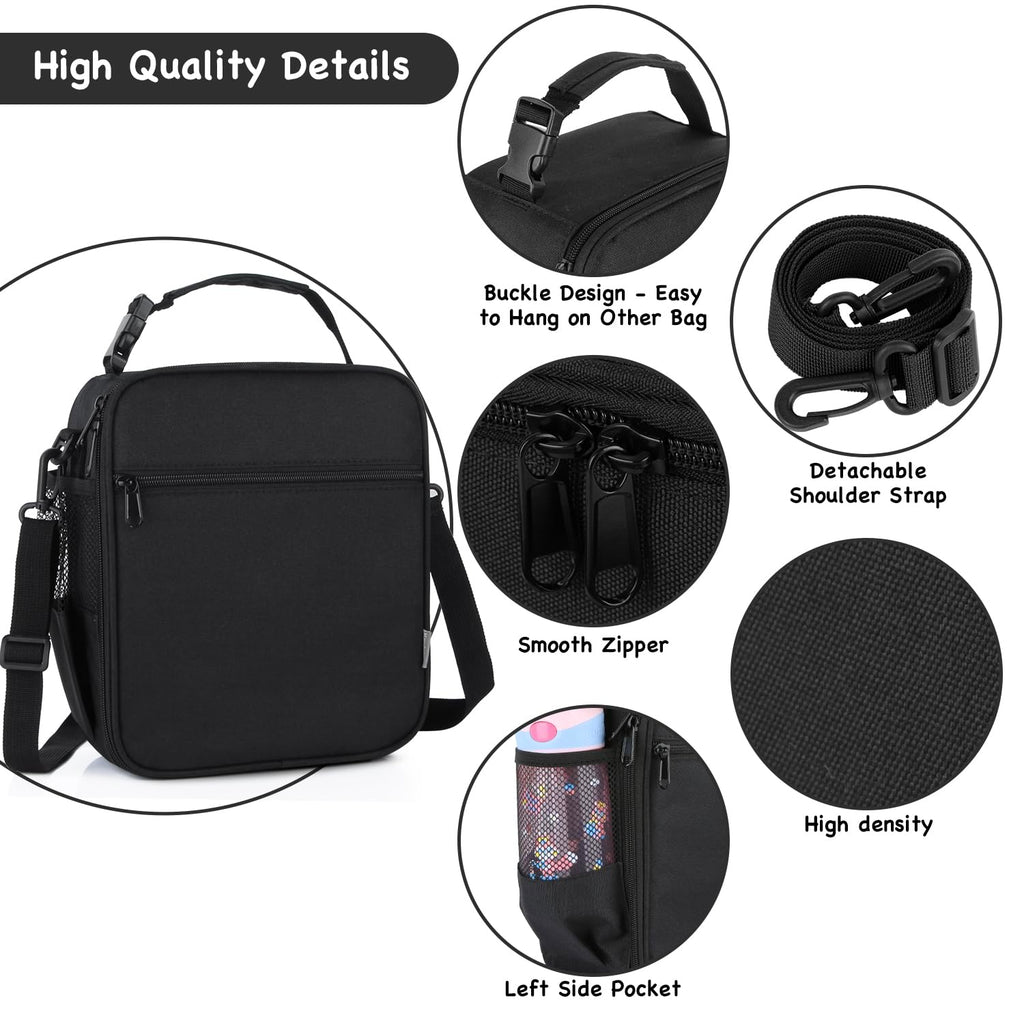 hombrima Kids Insulated Lunch Box Bag, Thermal Picnic Cool Bags with Adjustable Strap for Adults Children Women Men Boys Girls School Work(Black)