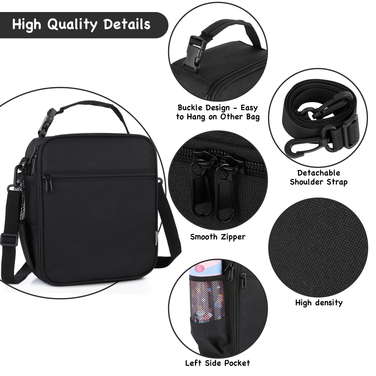 hombrima Kids Insulated Lunch Box Bag, Thermal Picnic Cool Bags with Adjustable Strap for Adults Children Women Men Boys Girls School Work(Black)