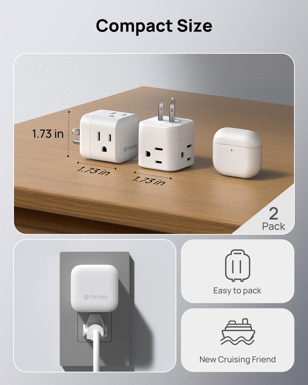 TROND Multi Plug Outlet Extender 2 Pack, 360° Rotating Plug Wall Adapter, 3 Way Outlet Splitter, 3-Sided Small Power Expander for Home Office Dorm Room, No Surge Protector for Cruise Travel Essentials