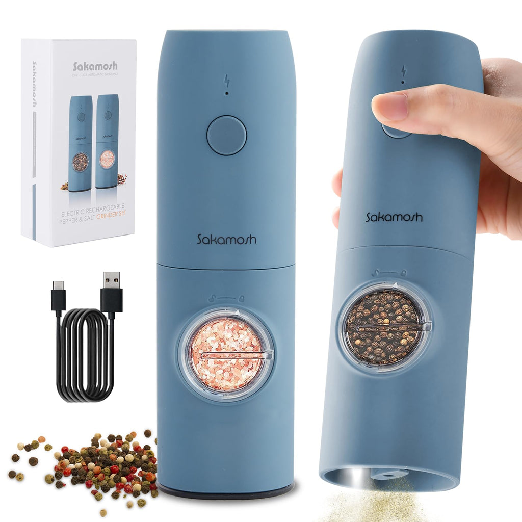 SAKAMOSH Electric Salt and Pepper Grinder Set, Rechargeable,Adjustable Coarseness with LED Light, Electric Salt and Pepper Shakers Refillable(2 Packs, Blue)