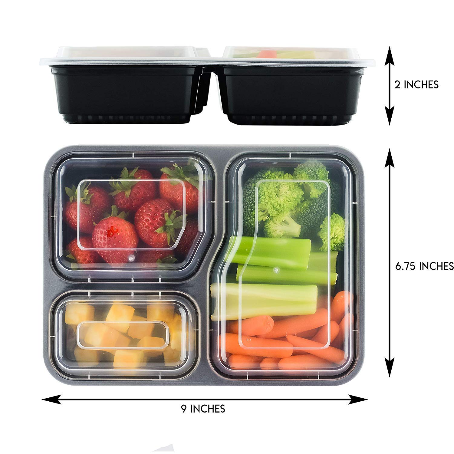 Meal Prep Container 3 Compartment [20 Pack] Food Storage Bento Box | BPA Free | Stackable | Reusable Lunch Boxes, Microwave/Dishwasher/Freezer Safe,Portion Control (36 oz)