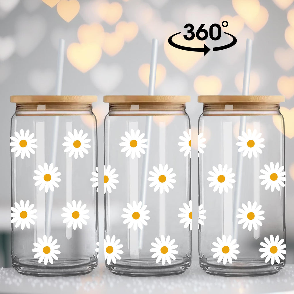 Cute Glass Cups with Lids and Straws, Daisy Design Iced Coffee Cup, Aesthetic Mug Tumbler for Women, Flower Drinking Glasses, Birthday Valentines Christmas Mothers Day Coffee Lover Gifts for Women