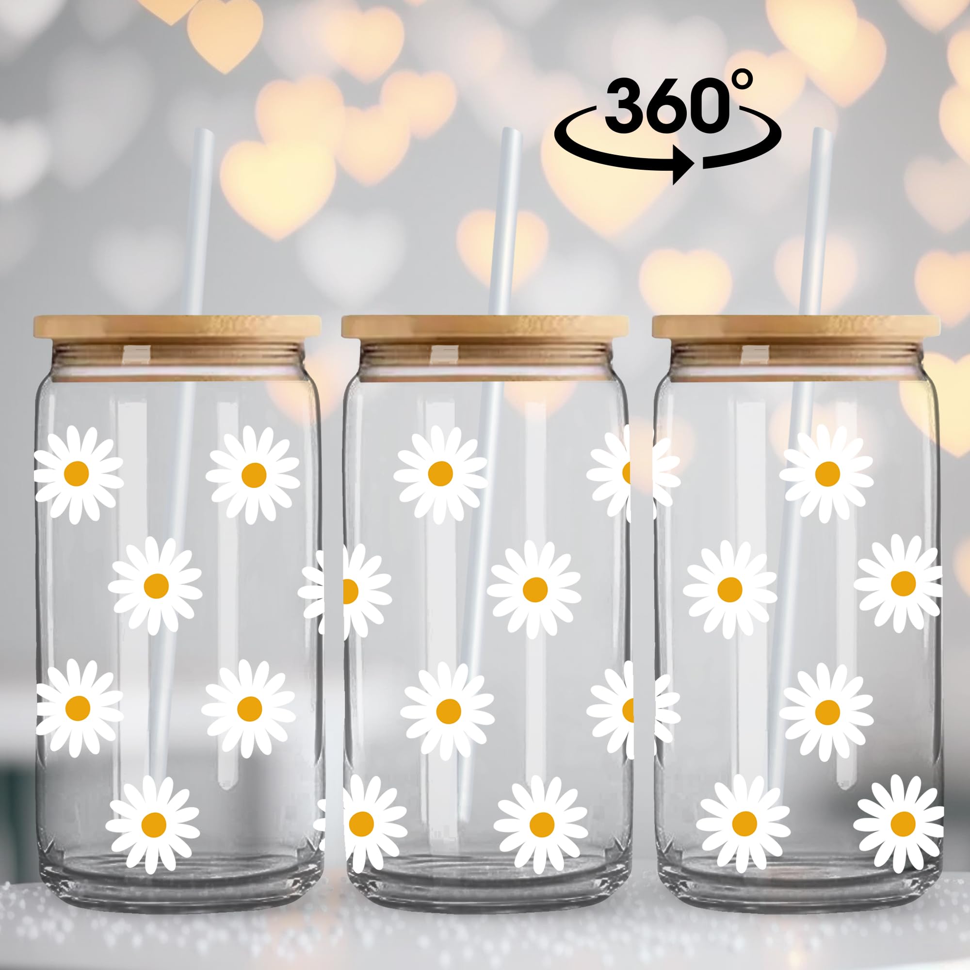 Cute Glass Cups with Lids and Straws, Daisy Design Iced Coffee Cup, Aesthetic Mug Tumbler for Women, Flower Drinking Glasses, Birthday Valentines Christmas Mothers Day Coffee Lover Gifts for Women