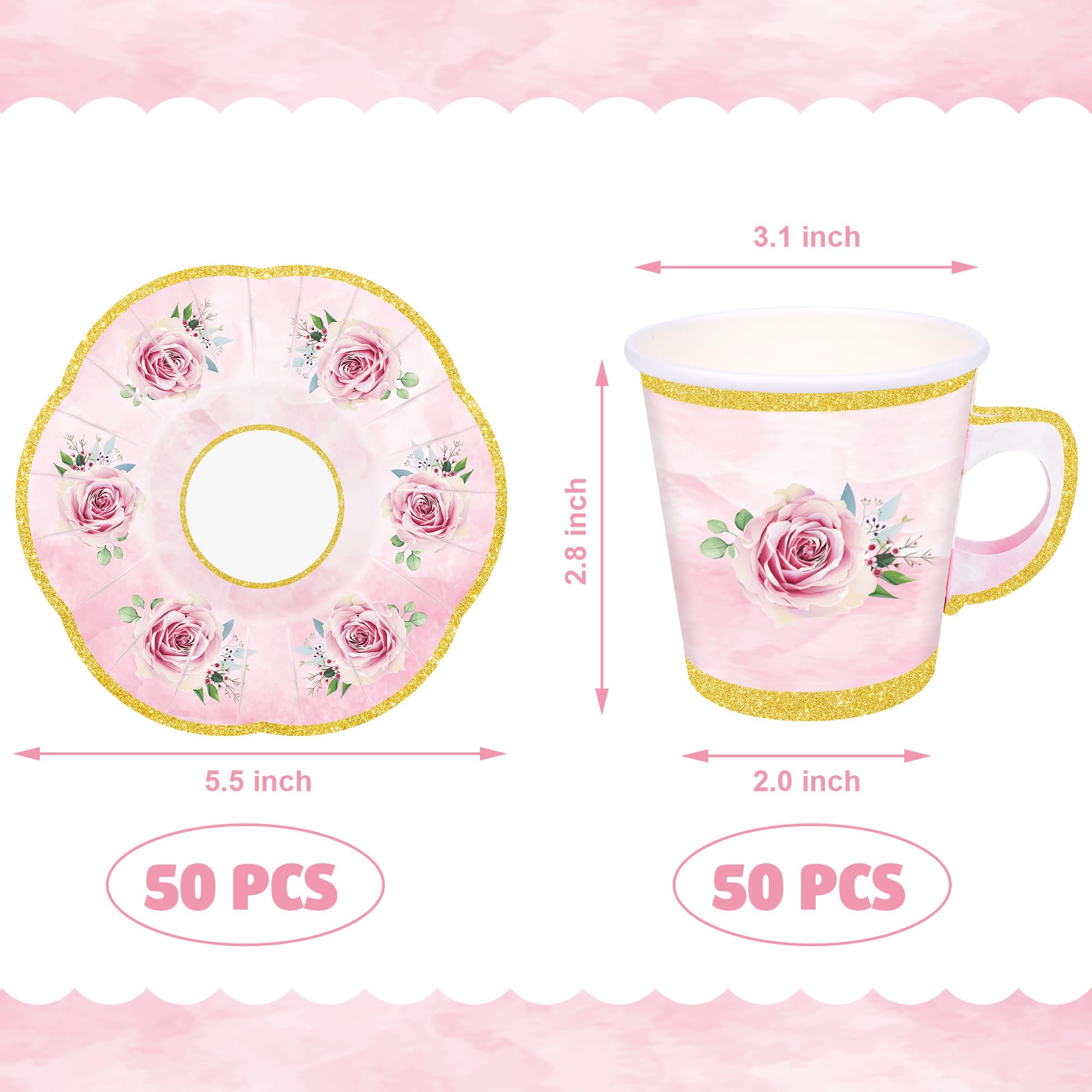 Pink Floral Disposable Paper Tea Cups and Plates Set of 100 with Gold Rim for Hot and Cold Drinks for Wedding, Birthday, Baby Shower, Tea Party, Tea Party Supplies for 50