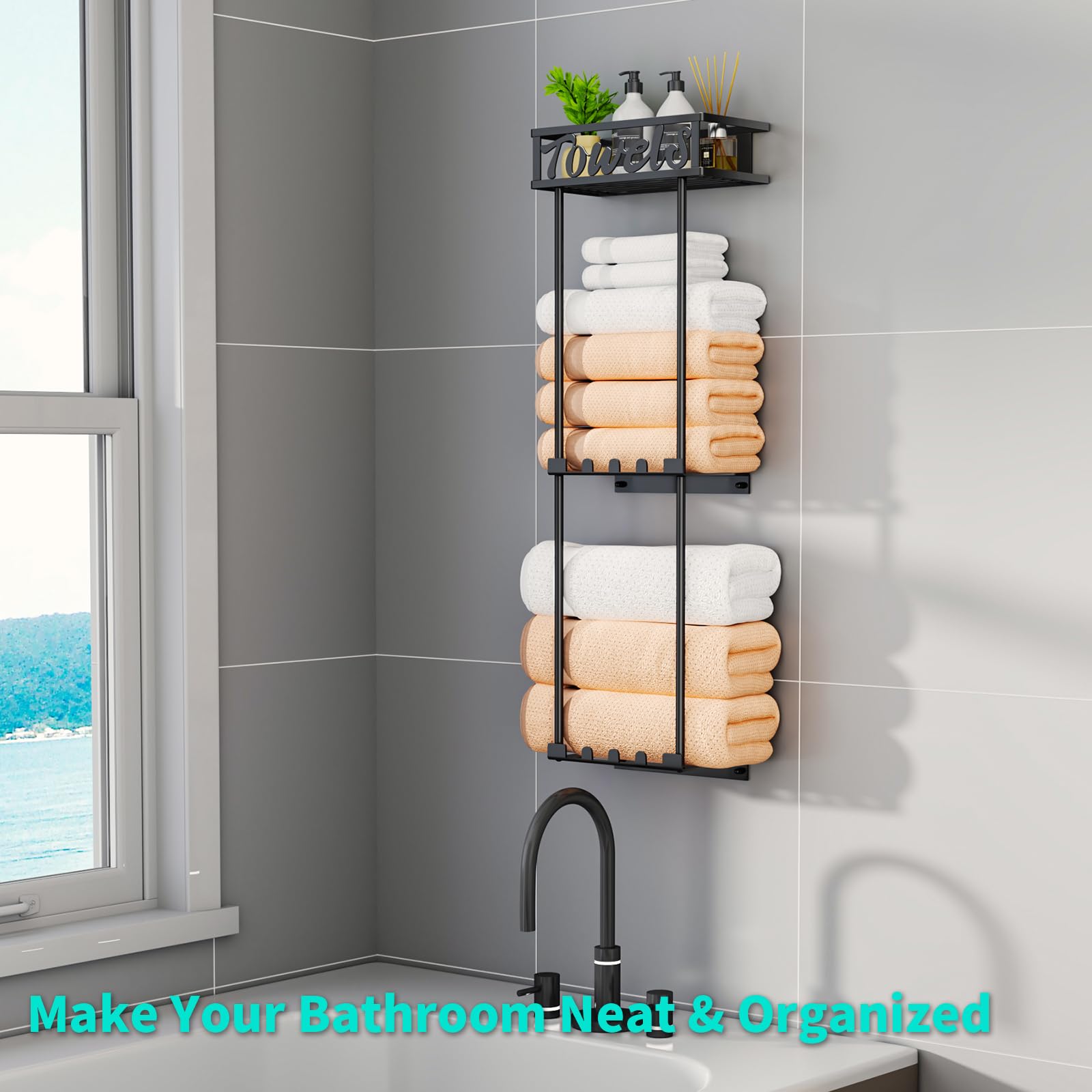 HapiRm Towel Rack Bathroom Storage - 3 Tier Over The Door & Wall Mounted Rolled Towel Rack Holder Organizer with Metal Shelf and 6 Hooks for Small Bathroom, Camper, Rv - Black