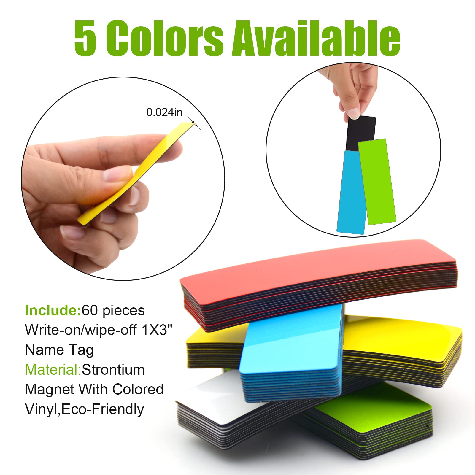 STTMGN Dry Erase Magnetic Labels (1x3",Pack of 60),Write On Magnets Sticker,Real Waterproof/Reusable for Classroom&Office&Cabinet&whiteboard&Fridge&More (Multicolor)