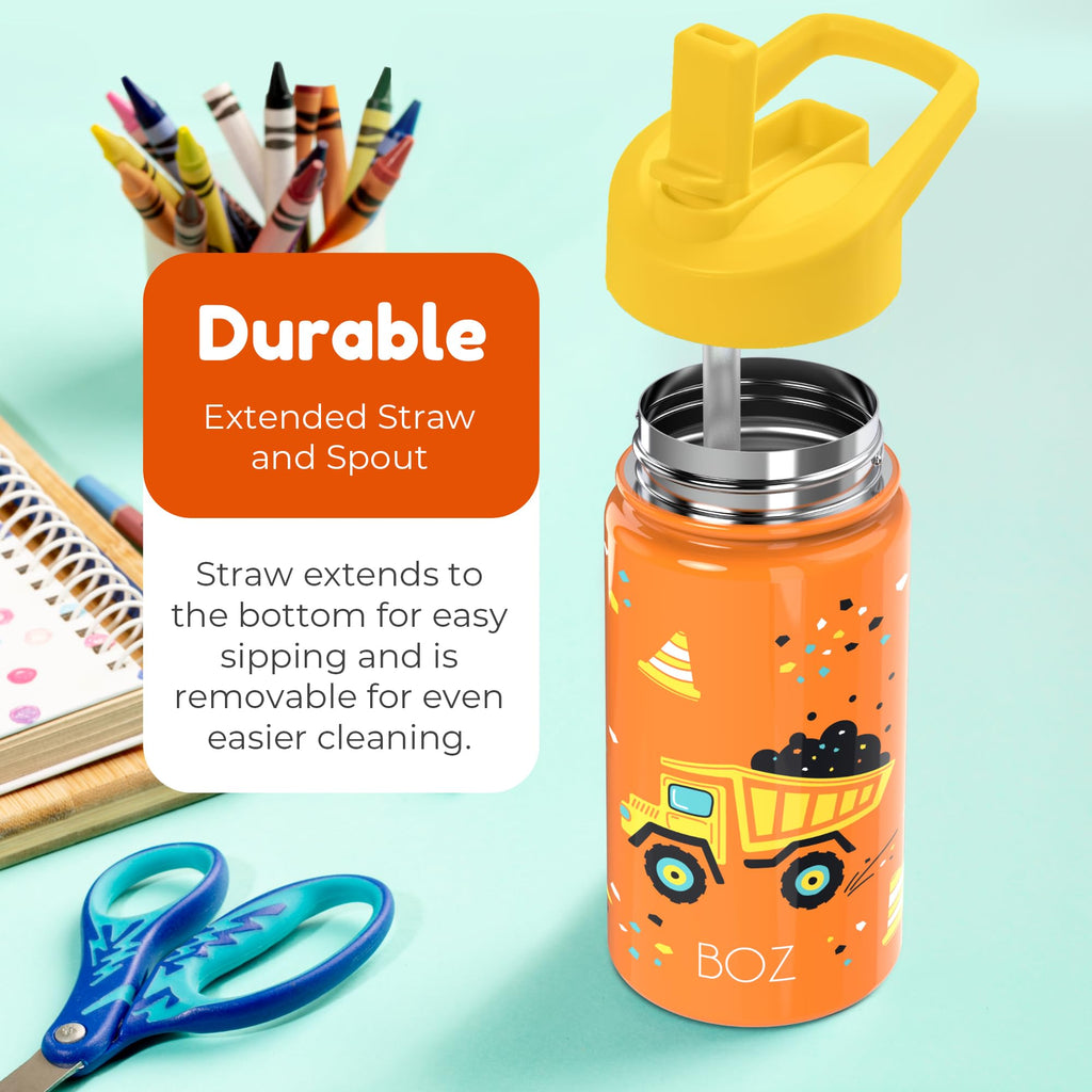 BOZ Kids Insulated Water Bottle with Straw Lid, Stainless Steel Vacuum Double Wall Water Cup, 14 oz (414ml). Scratch-Resistant Cute Print and Carry Handle, BPA-Free and Dishwasher-Safe (Construction)