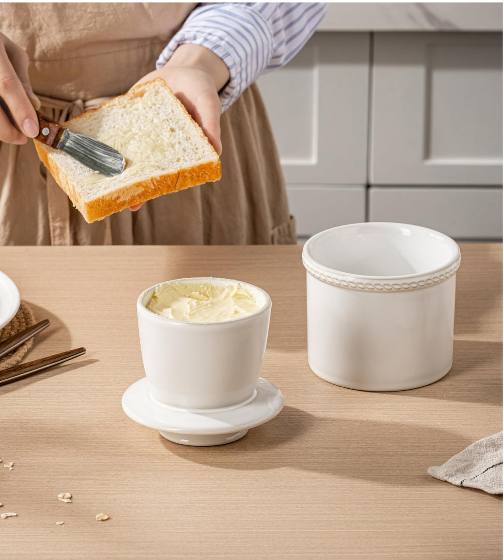 JERSINWEI Butter Crock with Lid, French Butter Dish for Countertop, Ceramic Butter Keeper Keeps Butter Soft & Spreadable Without Refrigeration, Vintage Kiln Glaze White Design, 8 oz / 230 ml