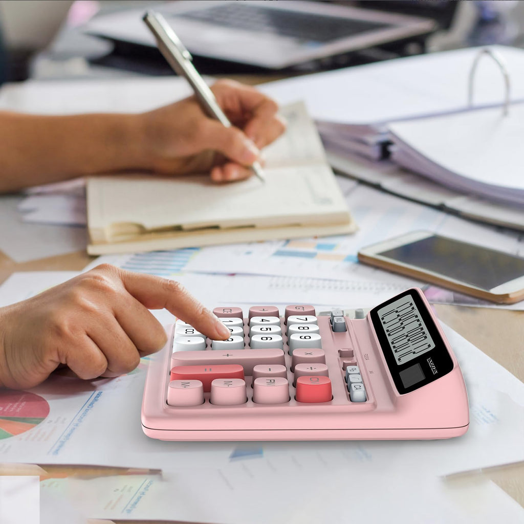 Desktop Calculator with Extra Large 5-Inch LCD Display, 12-Digit Two Way Power Solar & Battery Office Calculator with Big Buttons for Business, Accounting & Home Use(Pink)
