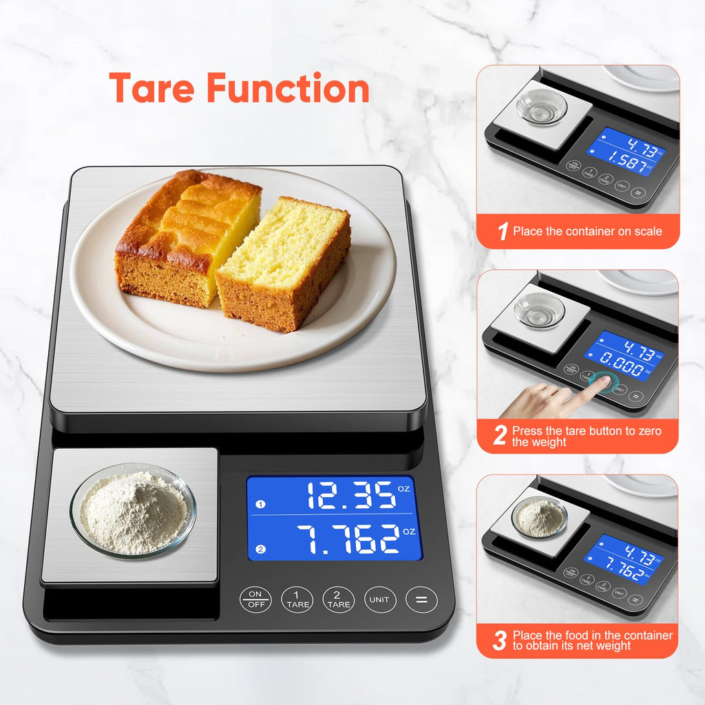 KUAIVO Dual Platform Digital Kitchen Scale, Two Scales in One, 33lb/15kg & 0.001oz/0.01g Precision, Coffee & Food Scale, Dual Display, Stainless Steel, Tare, g/oz/lb/ml