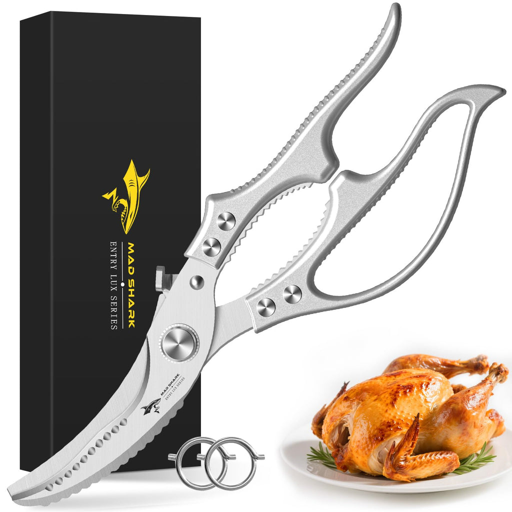 MAD SHARK Heavy Duty Poultry Shears, Kitchen Shears with Non-Slip Handle & Safety Lock, All Purpose Kitchen Scissors for Chicken, Meat Cutting, Turkey, Fish, Vegetables, Spring Loaded, Dishwasher Safe