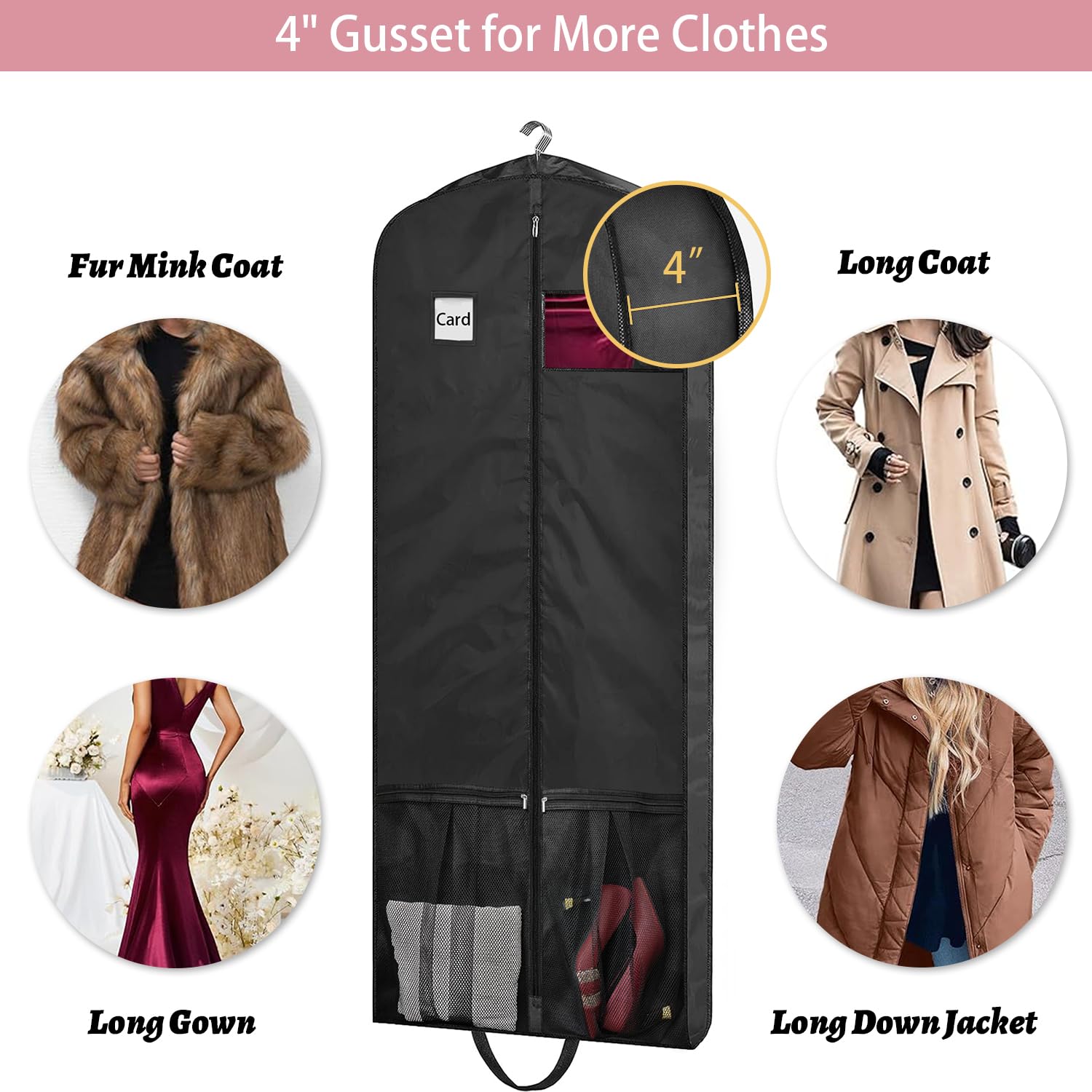 BH7STAR Dress Garment Bag, Black, 65" L x 26" W x 5" D, Nylon, Zipper Closure, Extra Long Size, Clear Window, Travel Friendly