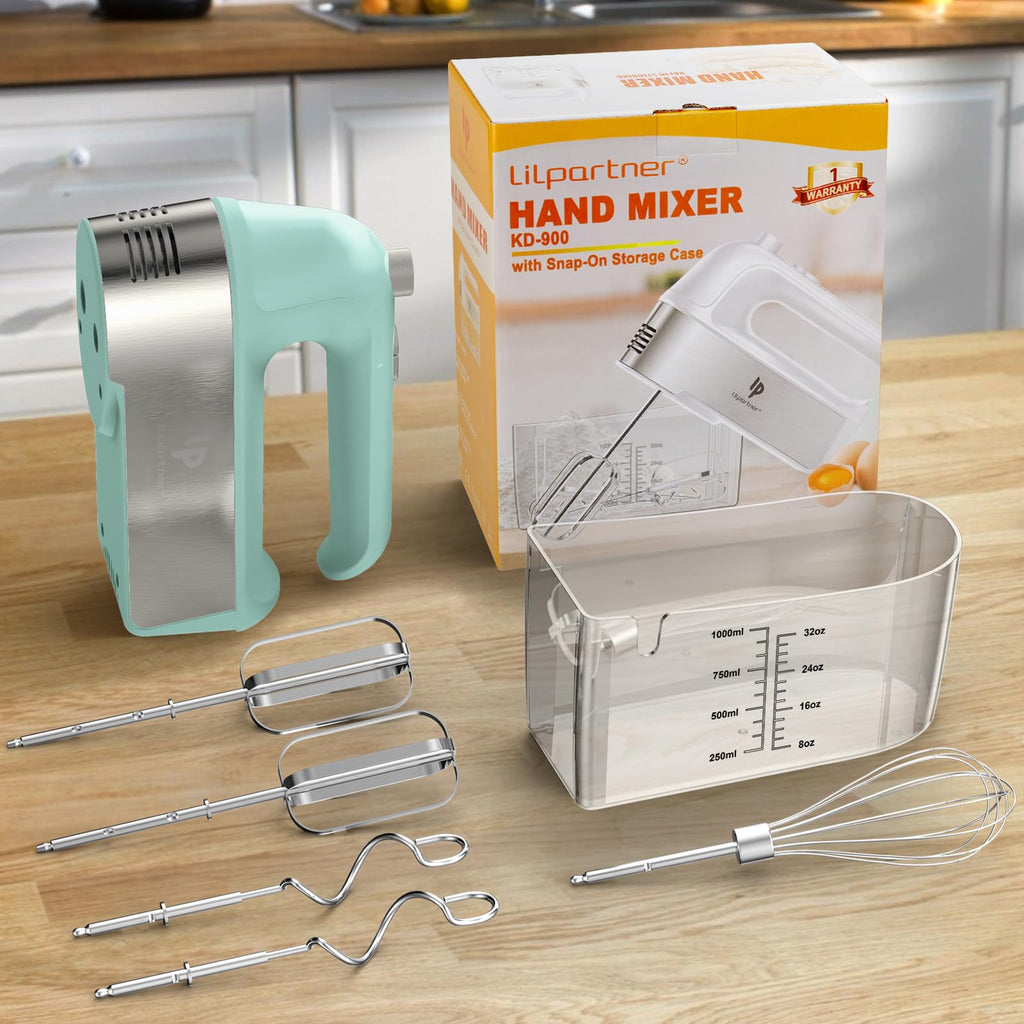 Hand Mixer Electric, 450W Kitchen Mixers with Scale Cup Storage Case, Turbo Boost/Self-Control Speed + 5 Speed + Eject Button + 5 Stainless Steel Accessories, For Easy Whipping Dough,Cream,Cake, Green