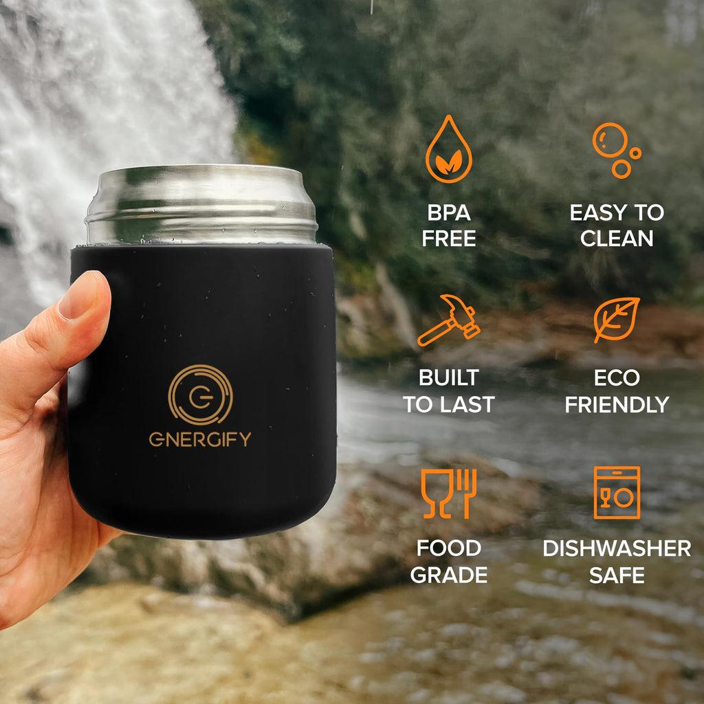 Vacuum Insulated Food Jar. Bowl incl. Folding Spoon, Cup. Wide Mouth Keep Hot & Cold Drinks Soup Lunch Container for Adults. BPA-Free Stainless Steel, Leak Proof Black Matte, 17oz