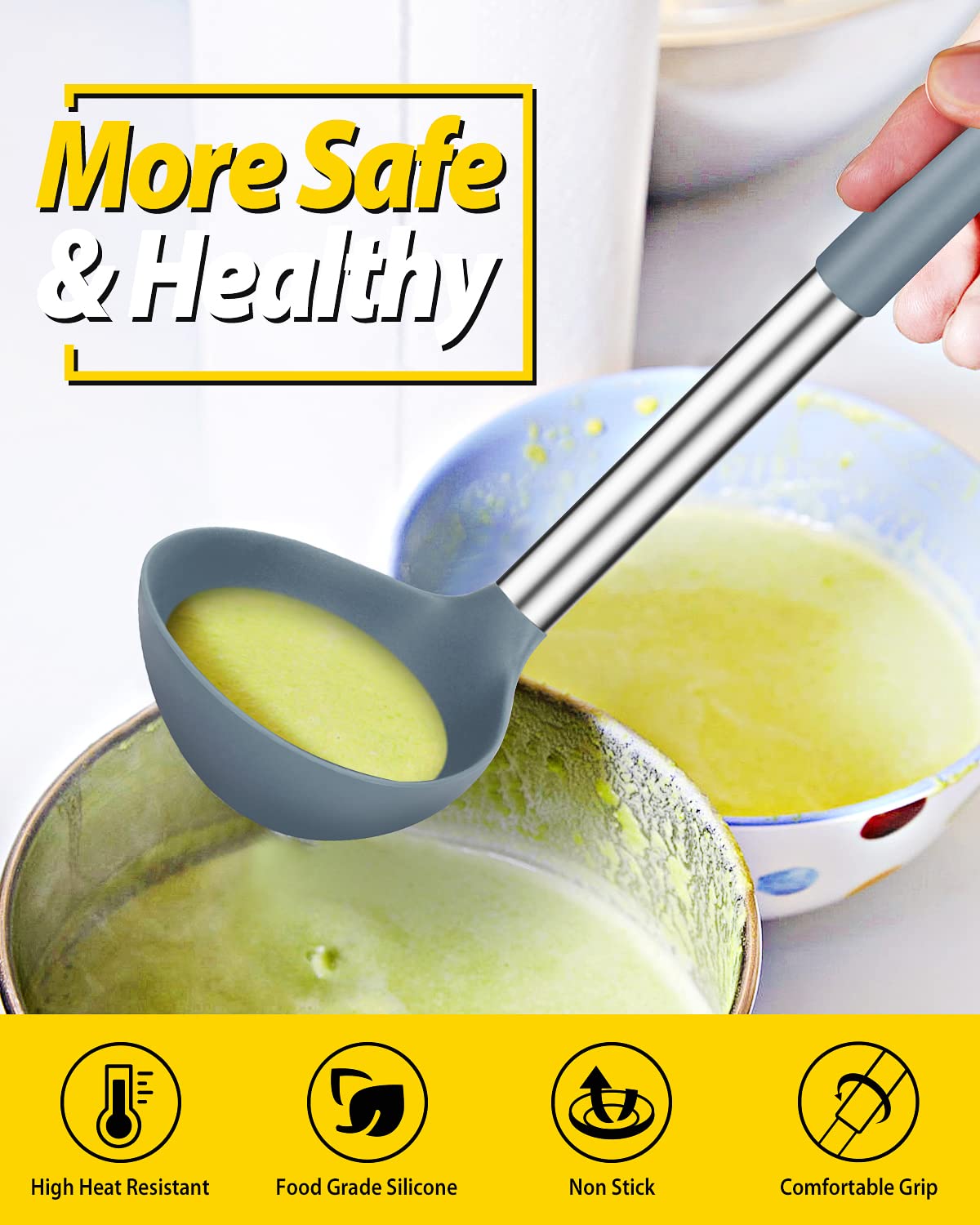 Ladle Spoon Set of 2 Silicone Large Spoon for Soup Non Stick Kitchen Utensils with High Heat Resistant BPA Free Perfect Kitchen Tools for Cooking Stirring Serving Soups (Gray-Blue)