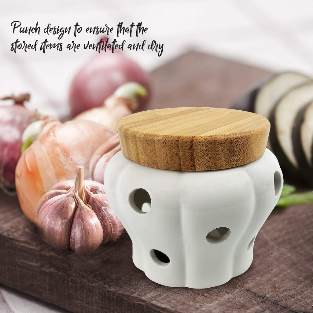 MAYMII·HOME 550ml 4.3x4.3x3.6(In) White Garlic Ginger Keeper Vented Ceramic Storage Container White Stoneware with Bamboo Lid