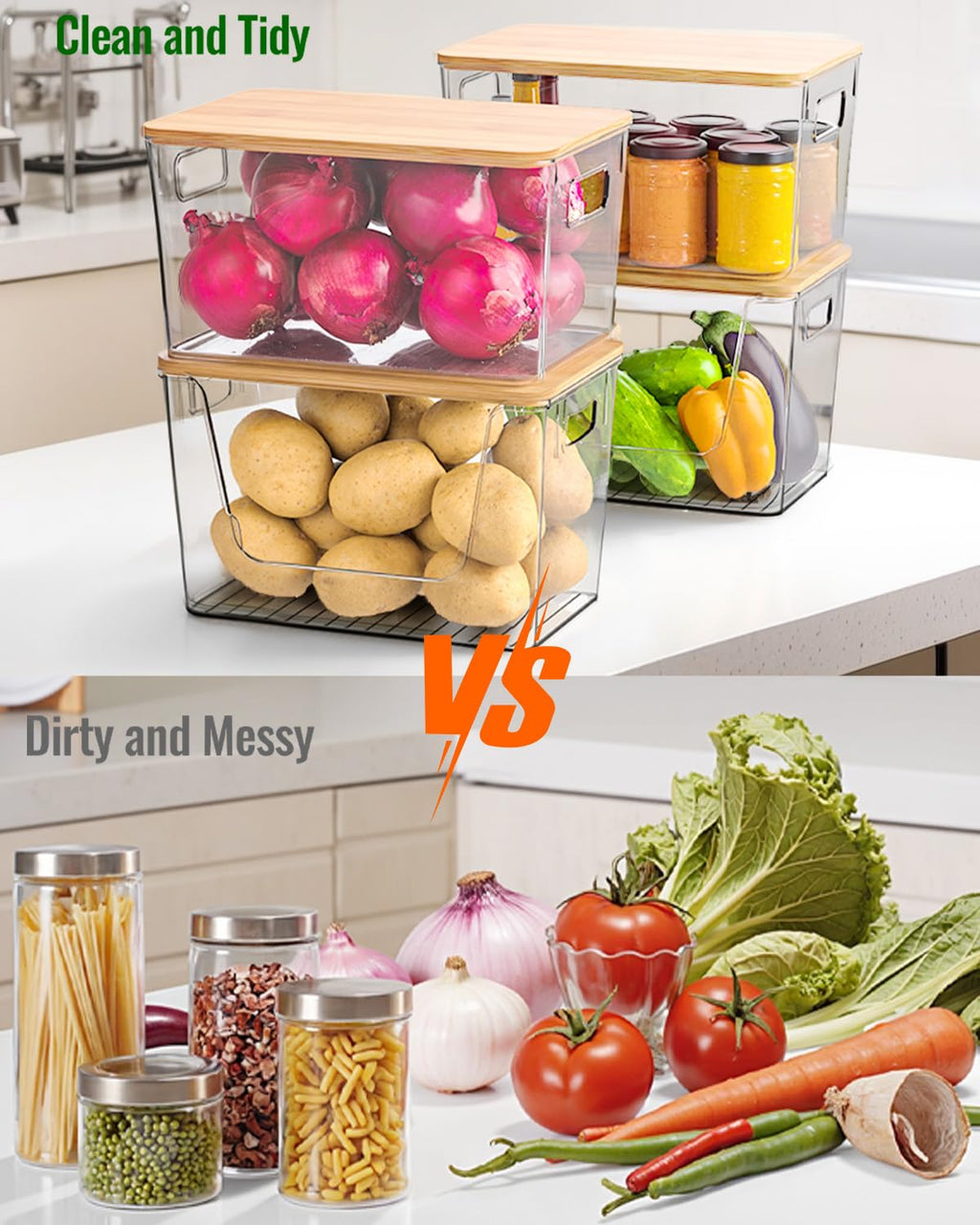 2 Pack Potato and Onion Storage Bin, Stackable Clear Fruit and Vegetable Storage, Acrylic Pantry Organizers and Storage with Bamboo Lid for Potato Onion Produce Vegetable Storage (Clear, XL-2 PACK)