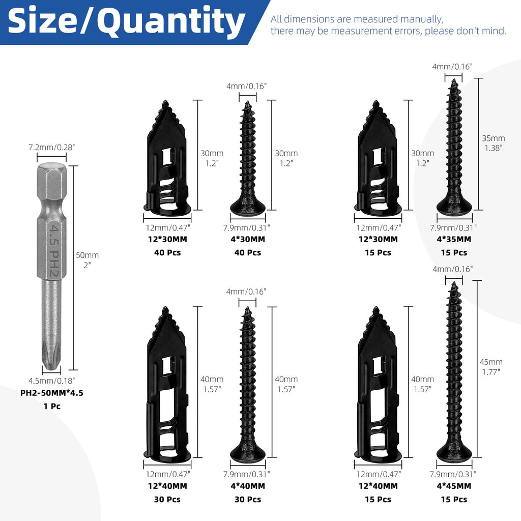 Glarks 201pcs Drywall Self-Drilling Anchors with Screws Set, 100pcs Carbon Steel Hollow Wall Anchor Tapping Screw with 100pcs Screws and 1pcs PH2 Bit Kit for No Drill or Holes in Wall