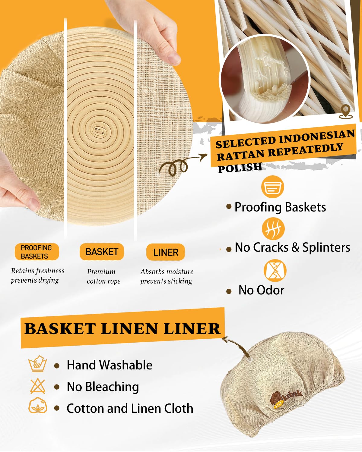 Banneton Bread Proofing Basket, Proofing Basket for Sourdough Bread Baking, Indonesian Rattan Bread Bowl Sourdough bread Baking Supplies with Linen Liner (9" Round + 10" Oval)