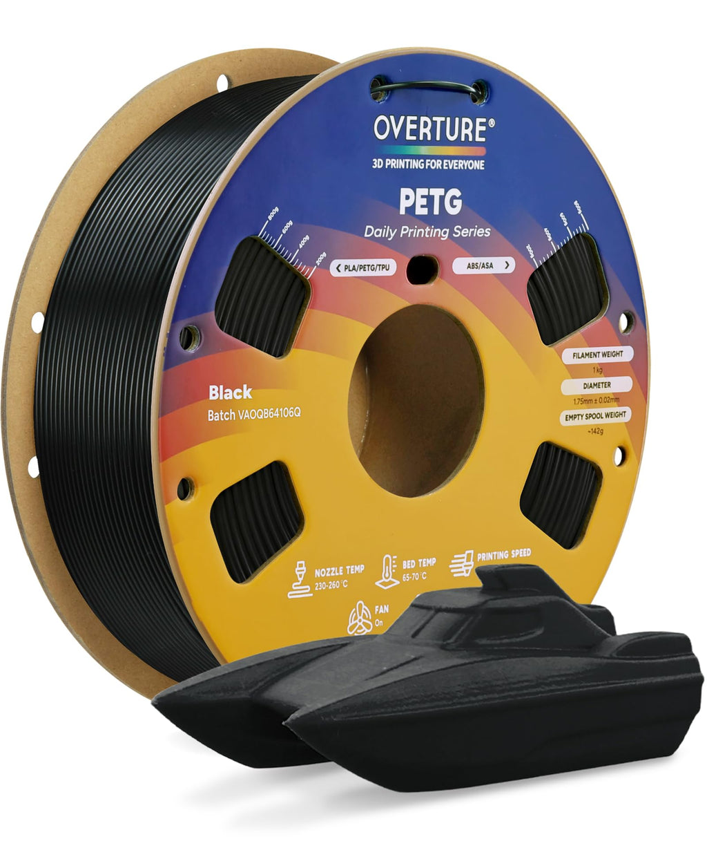OVERTURE PETG Filament 1.75mm, 3D Printer Filament, 1kg Filament (2.2lbs), Dimensional Accuracy 99% Probability +/- 0.03 mm, Fit Most FDM Printer (Black (1-Pack))