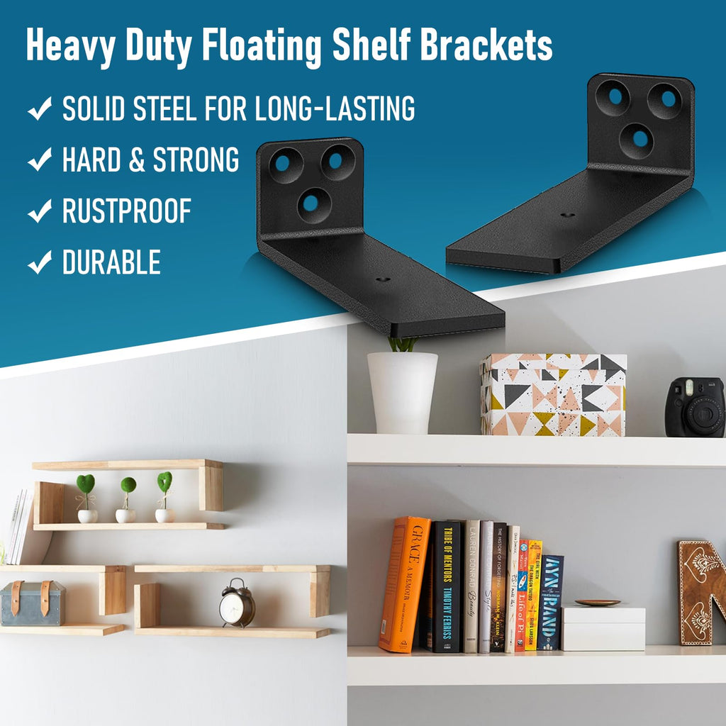 4 inch Floating Shelf Brackets, 6 Pack Heavy Duty L Shelves Brackets Wall Mounted Industrial Metal Brackets Hardware Supports for Shelves Support DIY | Holds 150+lb (1/5 Inch Thicked)