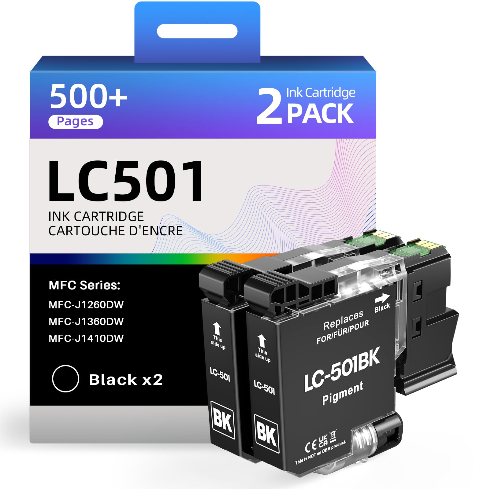 LC501 Ink 2 Black LC501 Ink Cartridges Compatible with Brother LC501 LC501XL Ink Cartridges Work with MFC-J1410DW MFC-J1260DW MFC-J1360DW Printers LC501bk 2 Pack