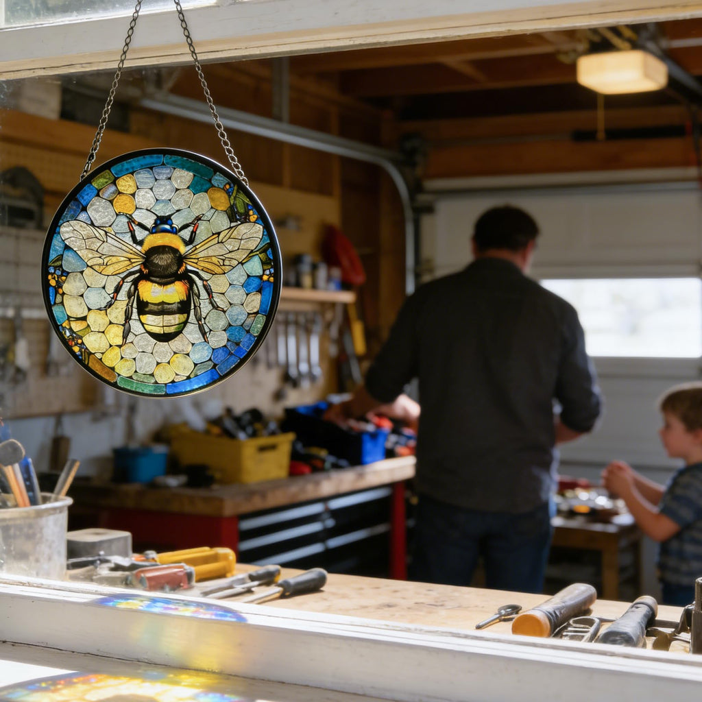 Huyfoig Ice Crack Bee Stained Glass Window Hanging, Bumblebee on Honeycomb Suncatchers for Windows Hanging Ornament for Home, Office Decor Christmas Birthday Gift for Mom Grandma (8""/20cm), HUY216