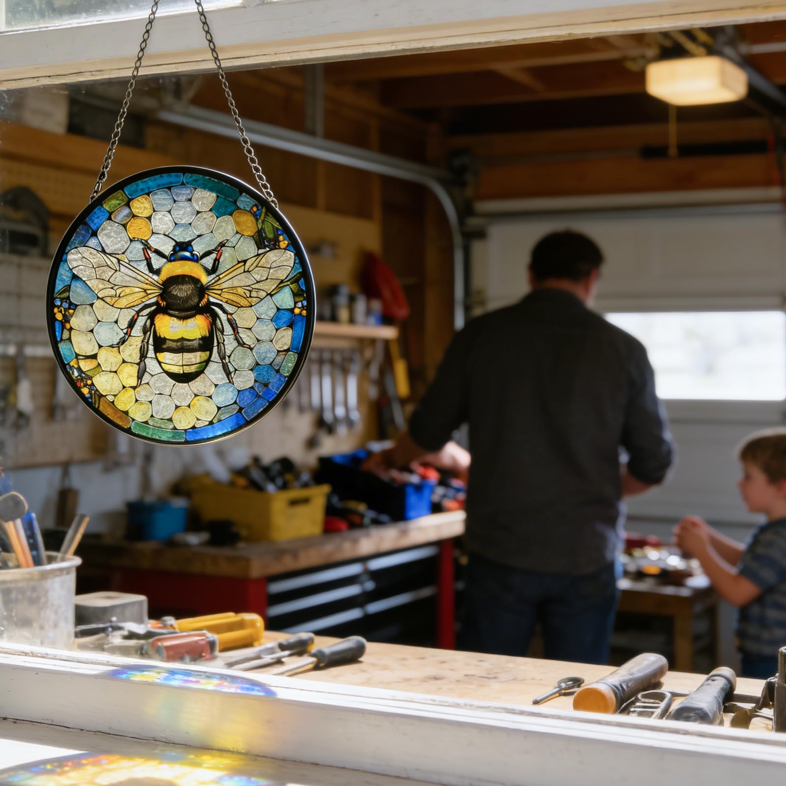 Huyfoig Ice Crack Bee Stained Glass Window Hanging, Bumblebee on Honeycomb Suncatchers for Windows Hanging Ornament for Home, Office Decor Christmas Birthday Gift for Mom Grandma (8""/20cm), HUY216