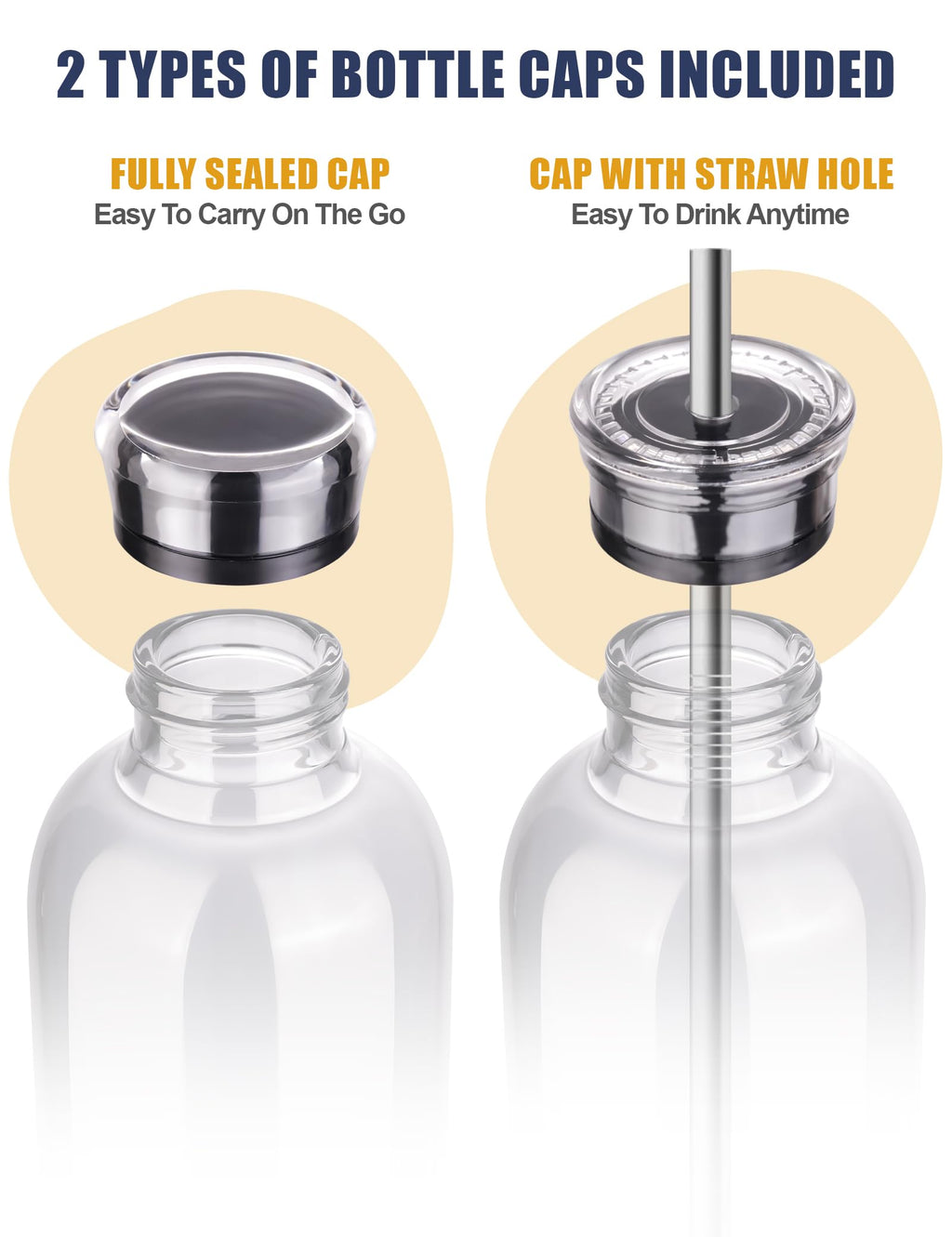 NiHome 750ml Borosilicate Glass Water Bottle with Caps, Stainless Straw, Brush and Silicone Lid, Leak-Proof Travel Bottle