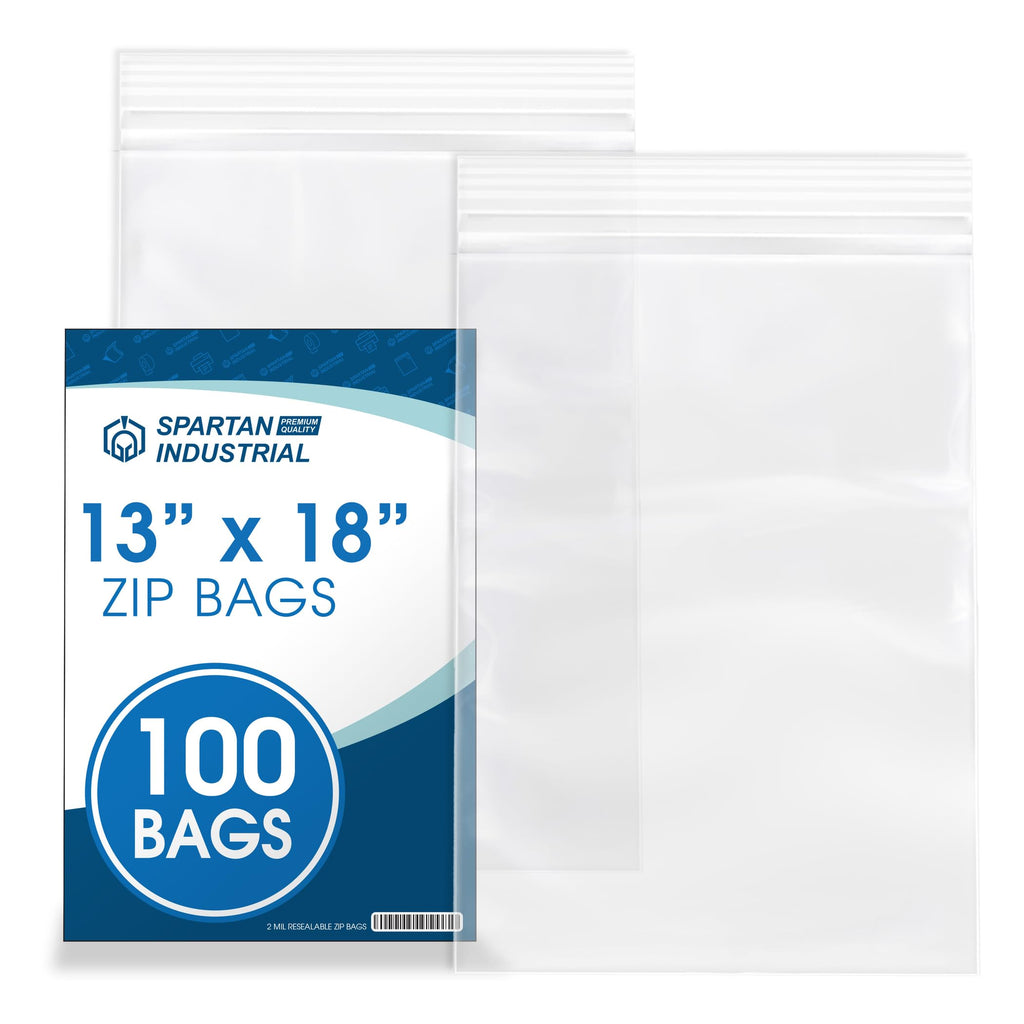 Spartan Industrial - 2 Mil Clear Reclosable Zip Plastic Poly Bags with Resealable Lock Seal Zipper - 13" X 18" (100 Count)