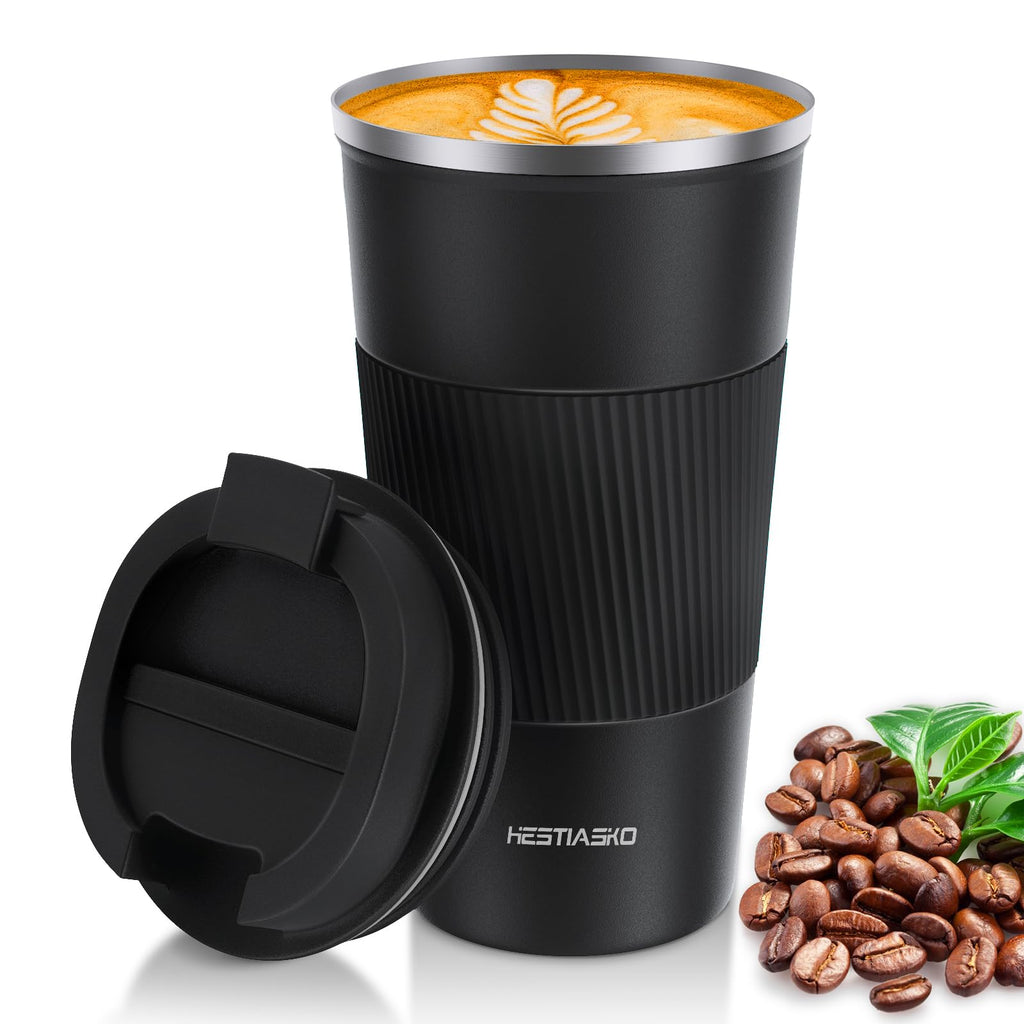 Hestiasko 17 oz Coffee Mug, Double Walled Vacuum Travel Mug, Leakproof Travel Coffee Mug with Lid, 304 Stainless Steel Insulated Coffee Mug for Hot Ice Coffee Cola Milk Tea(510ml, Black