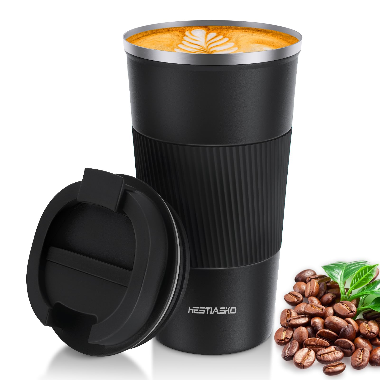 Hestiasko 17 oz Coffee Mug, Double Walled Vacuum Travel Mug, Leakproof Travel Coffee Mug with Lid, 304 Stainless Steel Insulated Coffee Mug for Hot Ice Coffee Cola Milk Tea(510ml, Black