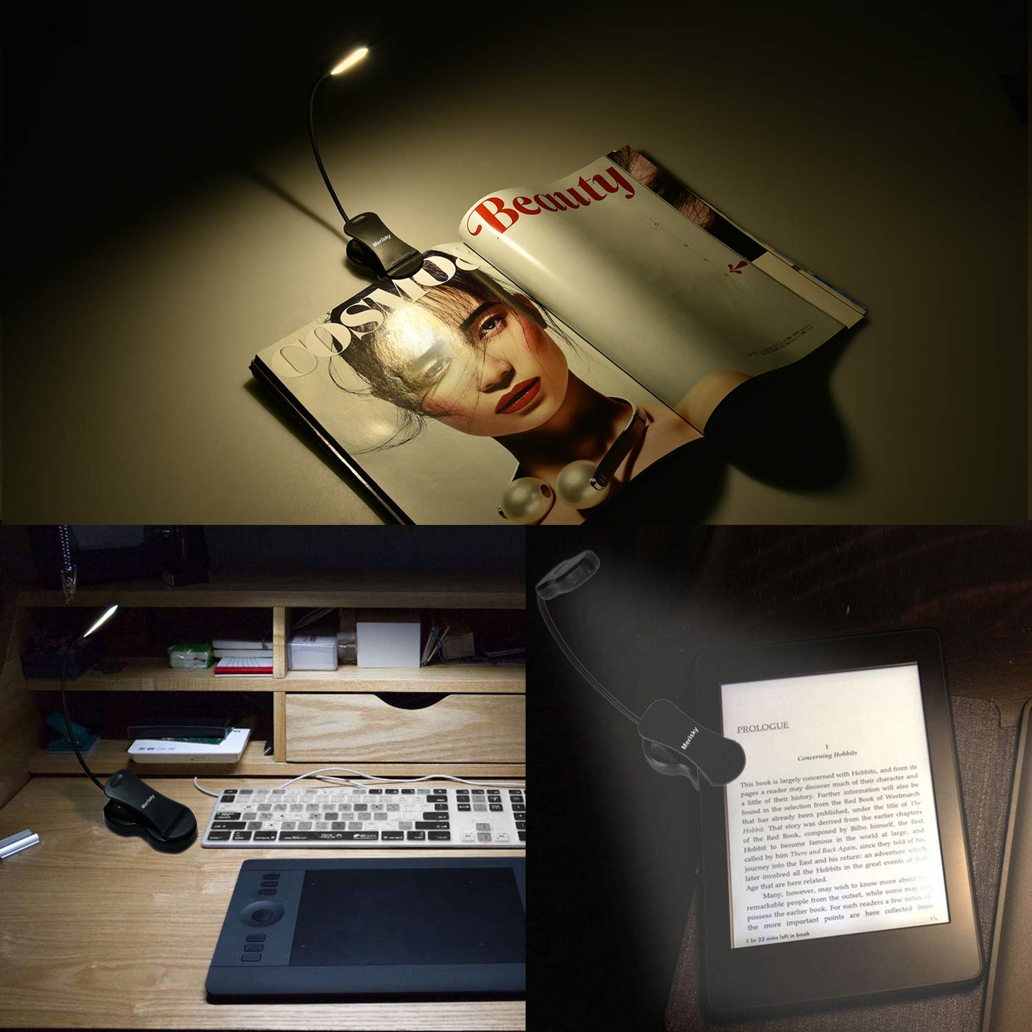 Merisky Rechargeable Book Light, LED Clip on Reading Light for Book in Bed, 3 Color 3 Brightness, Up to 60 Hours Eye Care Reading Lamp, Warm & White, Perfect for Bed Headboard & Travel