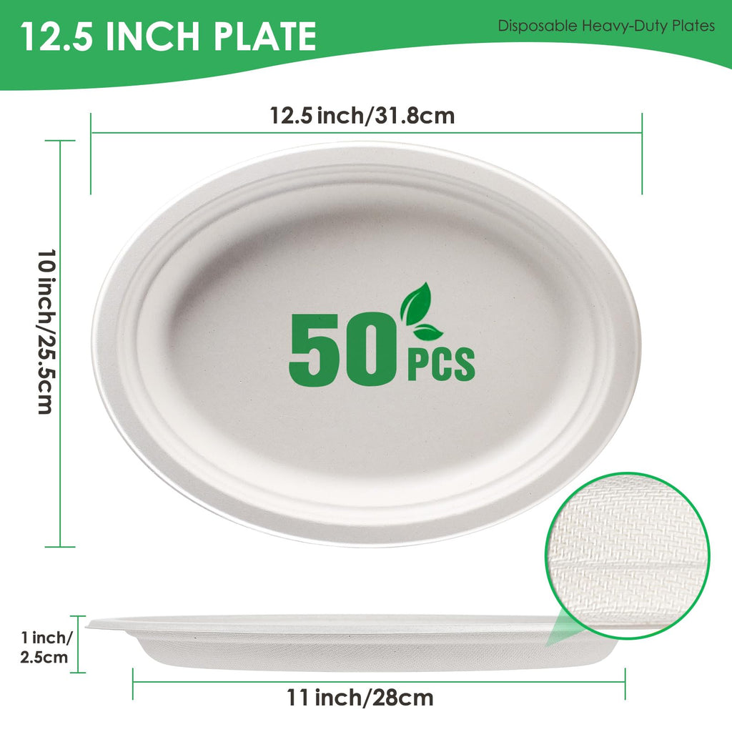 Gezond 100% Compostable Oval Paper Plates 12.5 Inch 50 Pack Large Disposable Heavy-Duty Plates Eco-Friendly Sugarcane Fiber Plates Biodegradable for Party, BBQ and Picnic Whtie