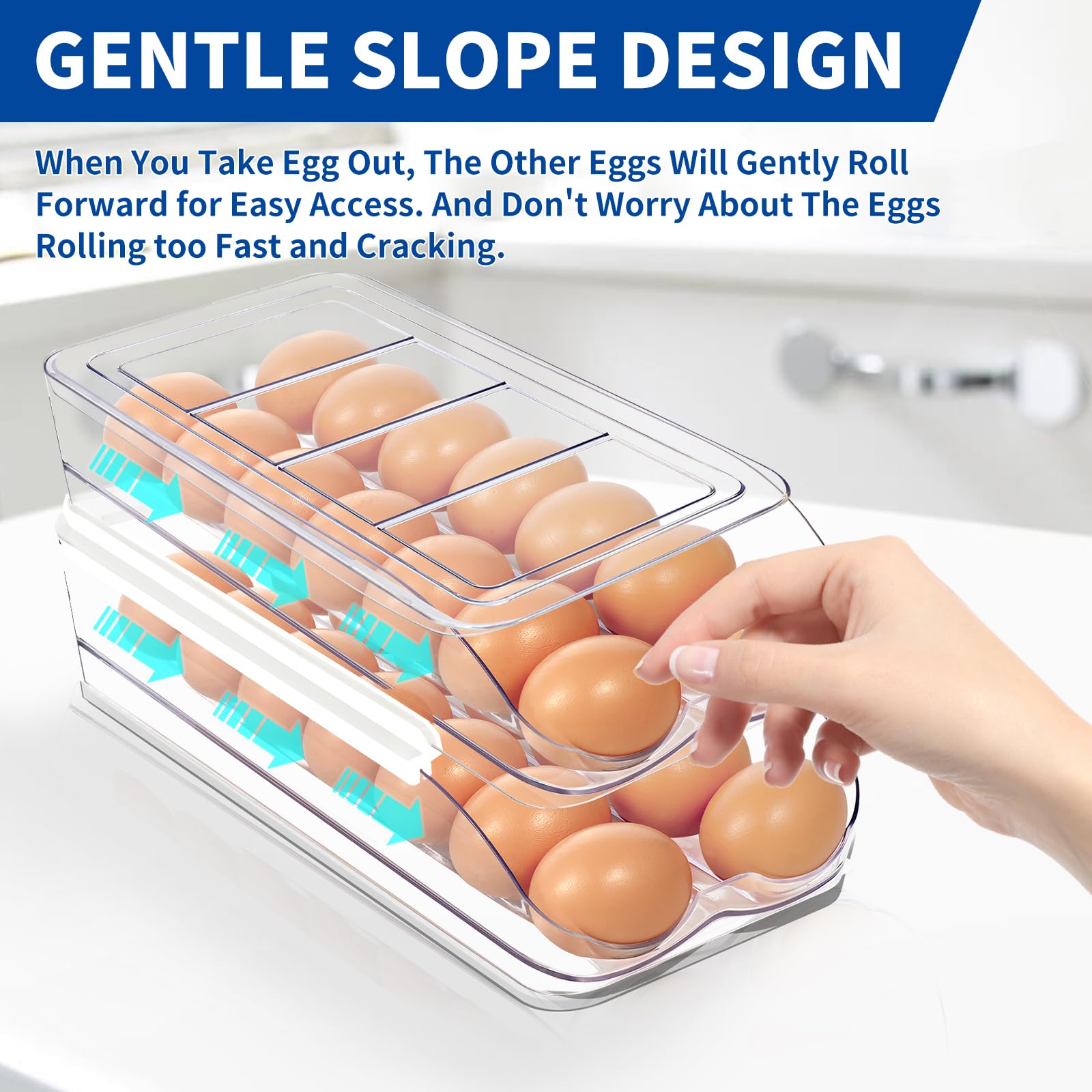 MesRosa Egg Holder for Fridge, Automatic Rolling Egg Organizer for Refrigerator, Clear Plastic Egg Container & Tray, Stackable Dispenser and Storage Bin with Sturdy Lid to Saving Space -2 Layer