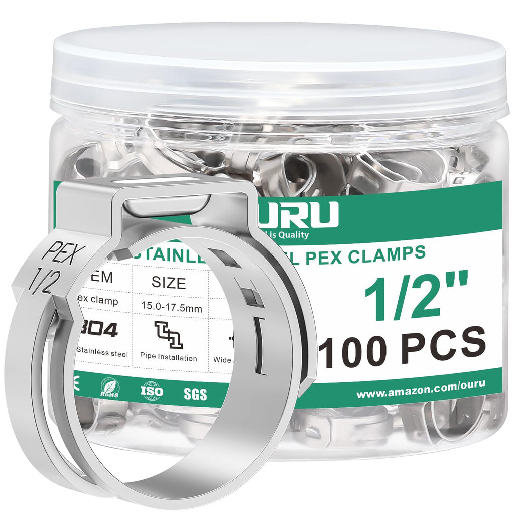 OURU 100PCS 1/2 Pex Crimp Ring,304 Stainless Steel Pex Cinch Clamps,Single Ear Hose Clamps for Pex Fittings Pipe Tubing