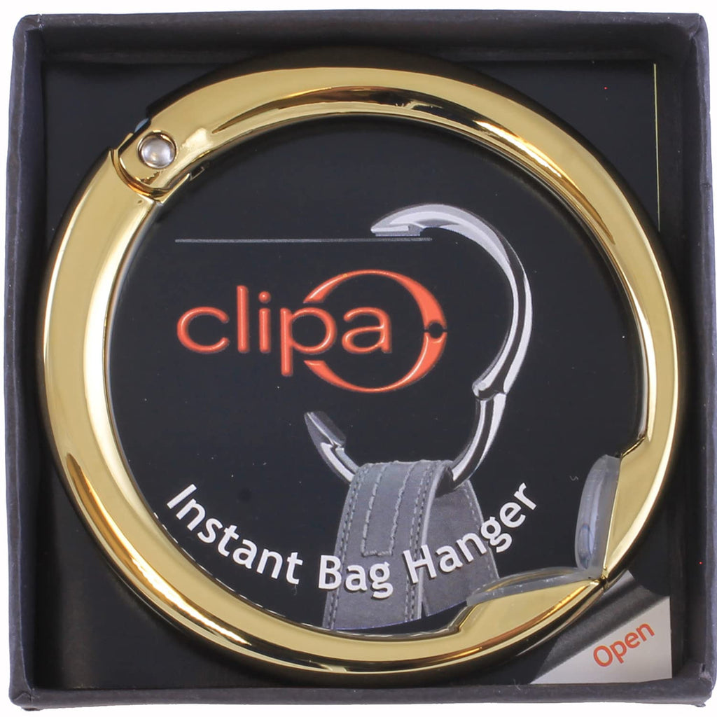 Clipa Handbag Hanger – Polished Gold PVD- The Ring that Opens into a Hook and Hangs in Just 10 mm of Space, Holds 15 kg, 3 yr. Warranty