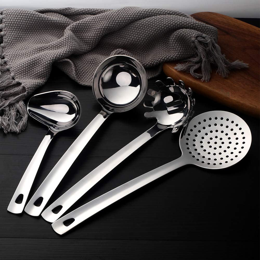 QOBIMOON Stainless Steel Kitchen Utensil Set, 8-Piece One-Piece Solid Metal Cooking Tools with Hanging Holes - Includes Ladle, Slotted Spoon, Turner, Spatula, Masher - Dishwasher Safe