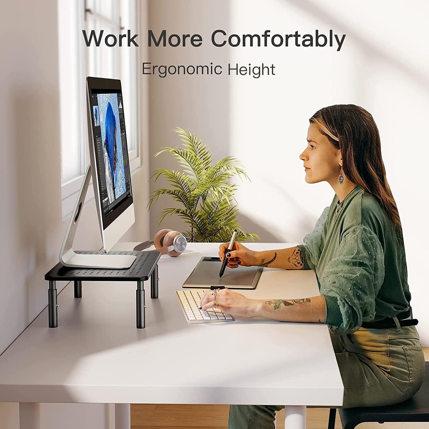 HUANUO Monitor Stand Riser, 3 Height Adjustable Laptop PC Monitor Stand for Computer, Monitor Riser, Laptop Stand Riser for Desk with Non-Skid Rubber and Mesh Platform for Airflow - HNLL3 (Black)