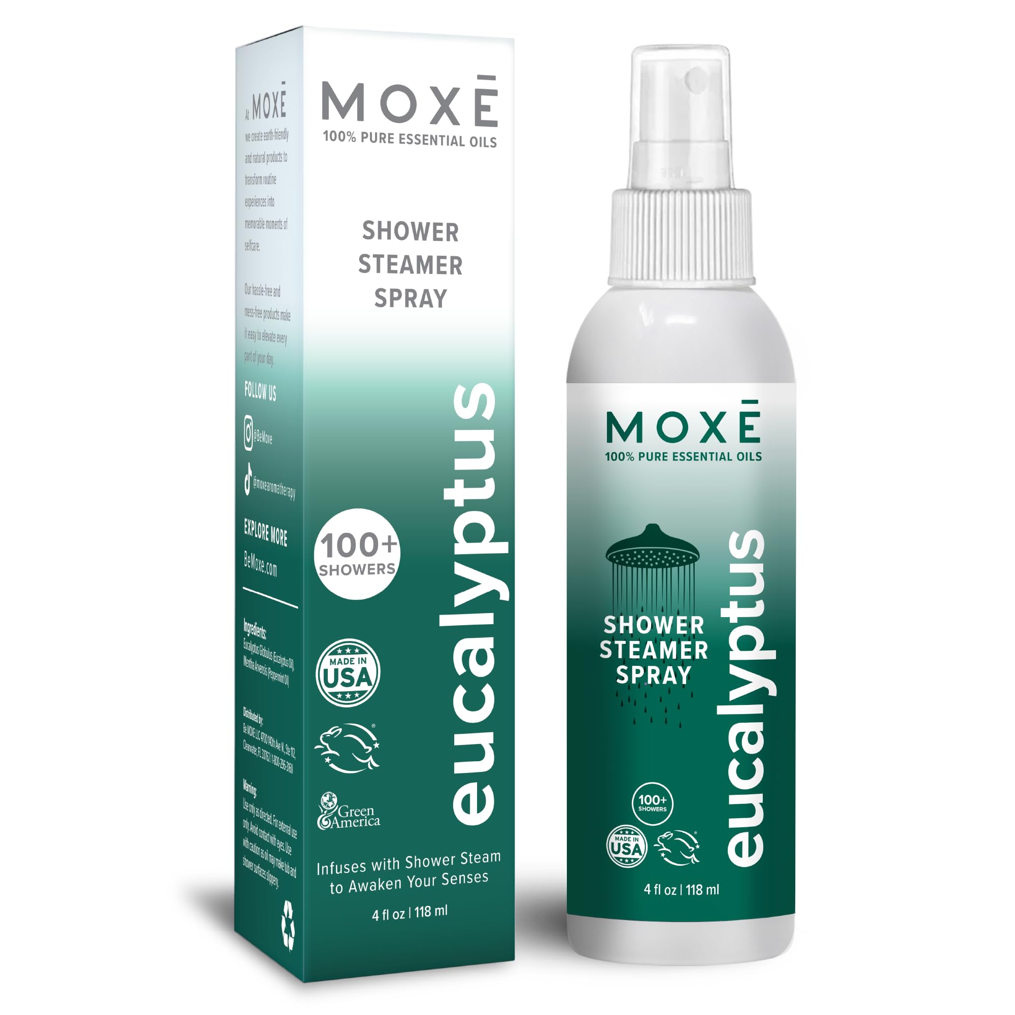 MOXE Shower Mist, Spa Steam Spray, Certified Natural Essential Oils, Aromatherapy, Tension Relief (Eucalyptus, 118 ml (Pack of 1))
