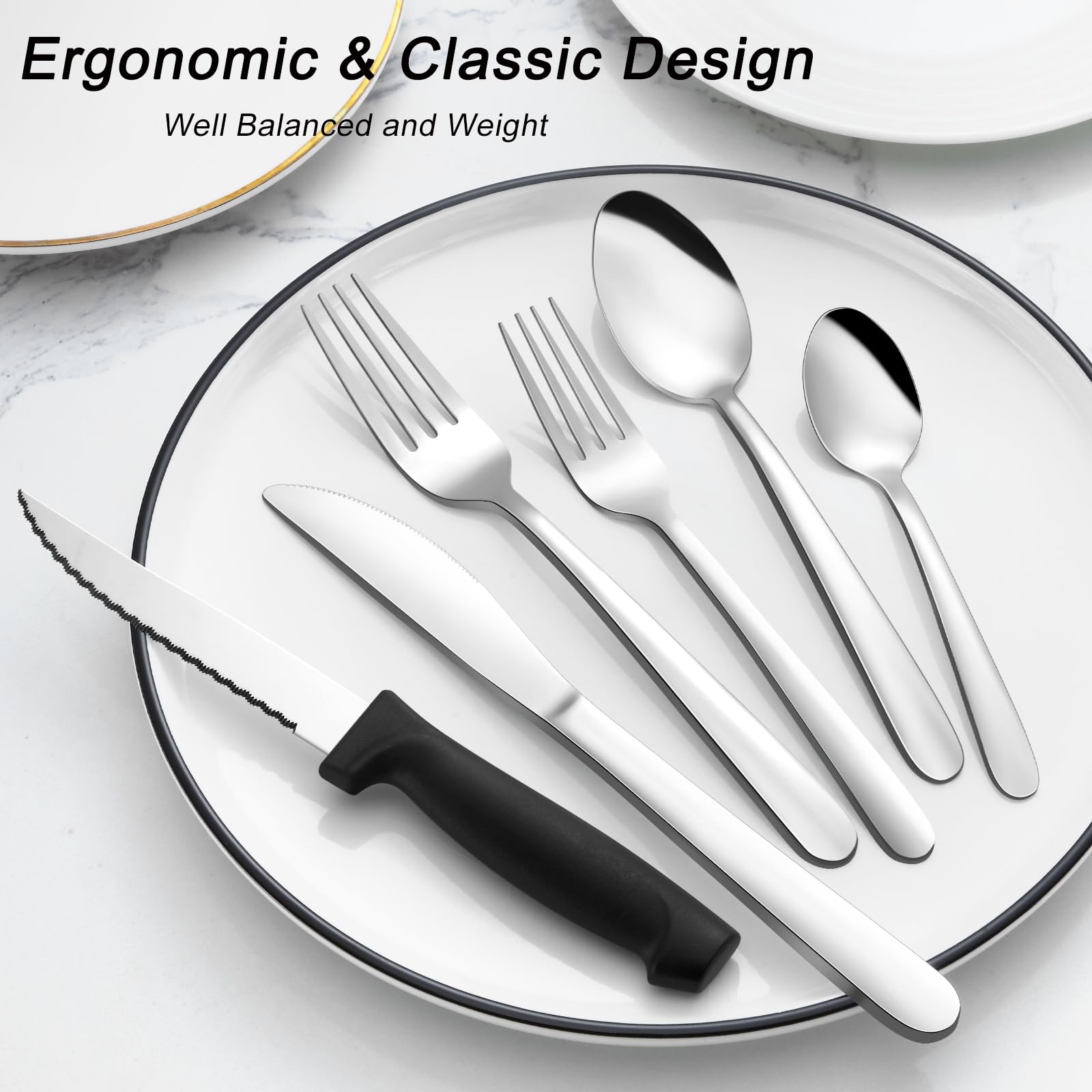 Pleafind 48-Pcs Silverware Set for 8, Flatware Set with Steak Knives, Stainless Steel Cutlery Set, Include Forks Spoons and Knives Set, Dishwasher Safe Utensil Sets for Home Restaurant