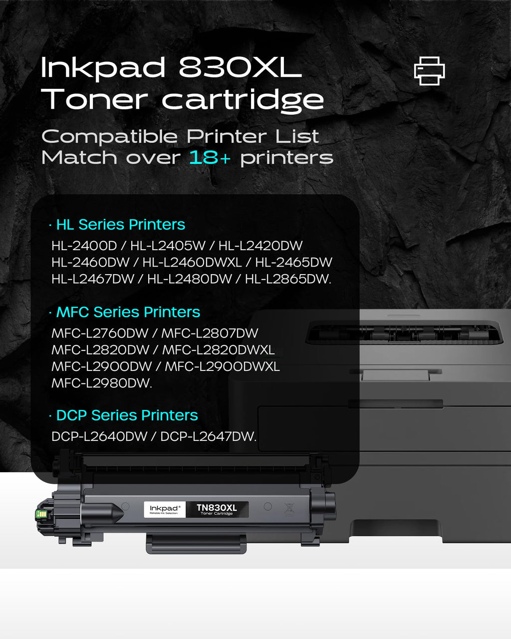 Compatible TN830XL Toner Cartridge Replacement for Brother 830 TN830 TN830-XL 830XL Toner Cartridge with Brother HL-L2460DW DCP-L2640DW HL-L2400D HL-L2405W MFC-L2820DW Printers (2 Pack, Black)