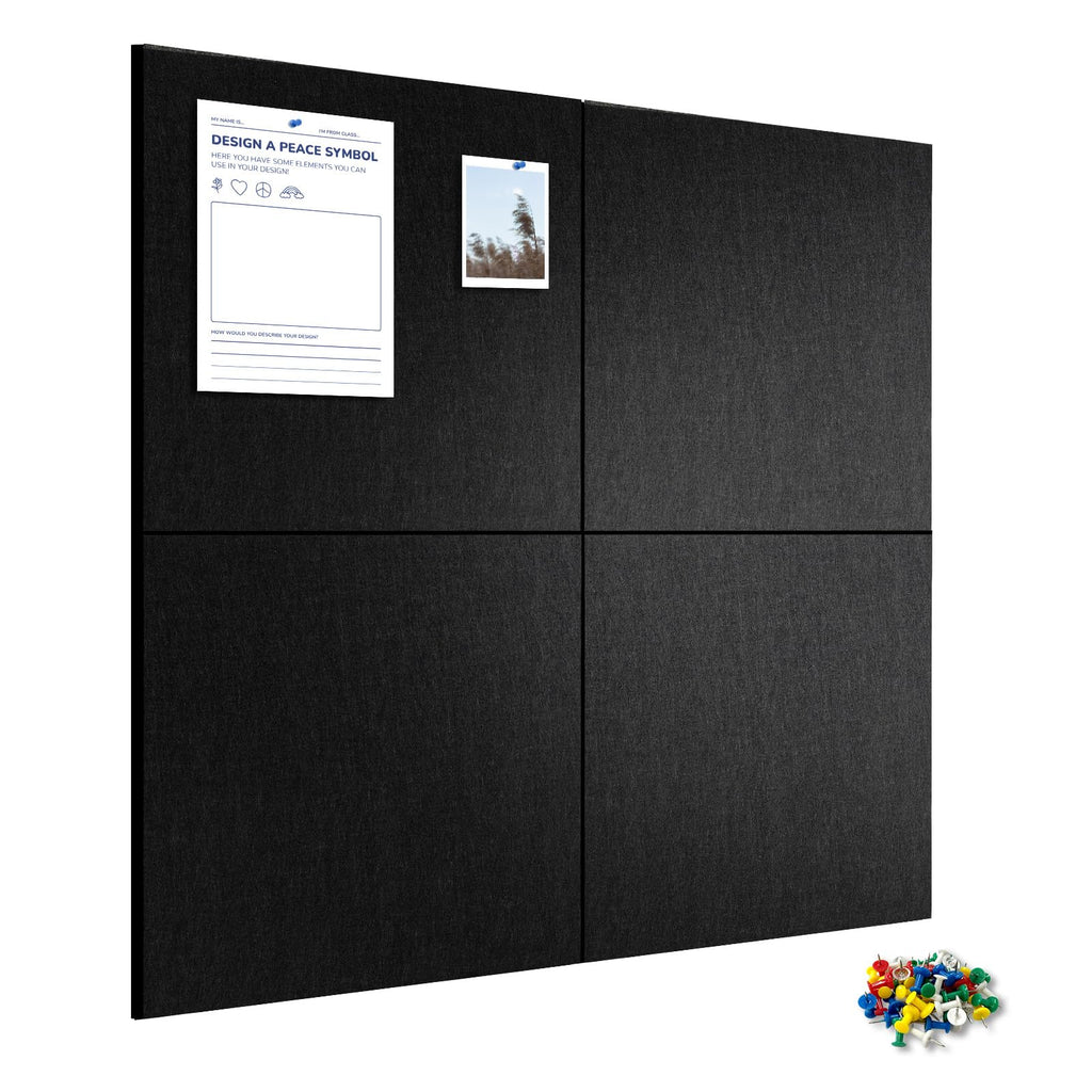 AMUSIGHT Large Cork Board Tiles, 4 Packs 12" x 12" 1/2" Thick Cork Bulletin Board Felt Board Self Adhesive Cork Boards for Walls Home Office Kitchen School, 40 Push pins, Black