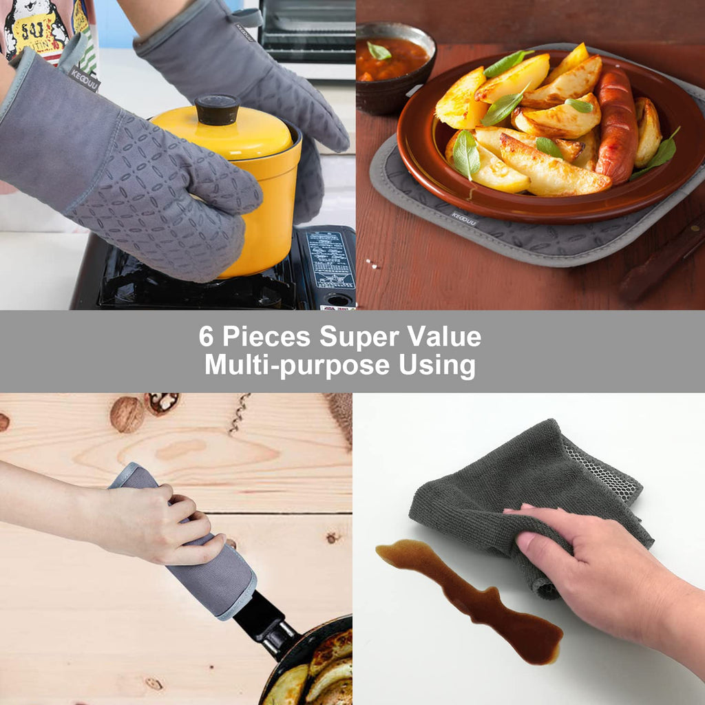 KEGOUU Oven Mitts and Pot Holders 6pcs Set, Kitchen Oven Glove High Heat Resistant 500 Degree Extra Long Oven Mitts and Potholder with Non-Slip Silicone Surface for Cooking