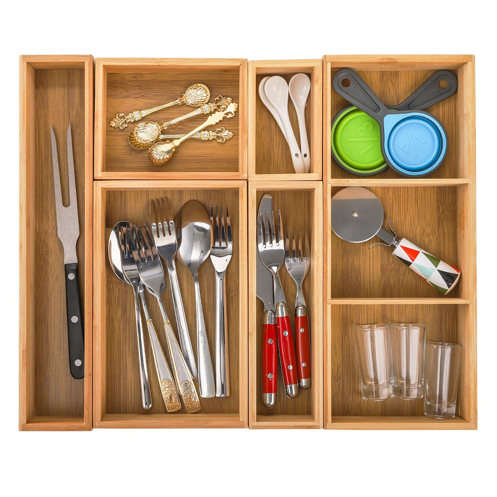 YOUEON Set of 6 Bamboo Drawer Organizers with Dividers Adjustable Multipurpose Storage Tray and Drawer Insert Box Bamboo Storage Boxes Divider Make-up Organiser for Home Office Kitchen Bedroom Desk