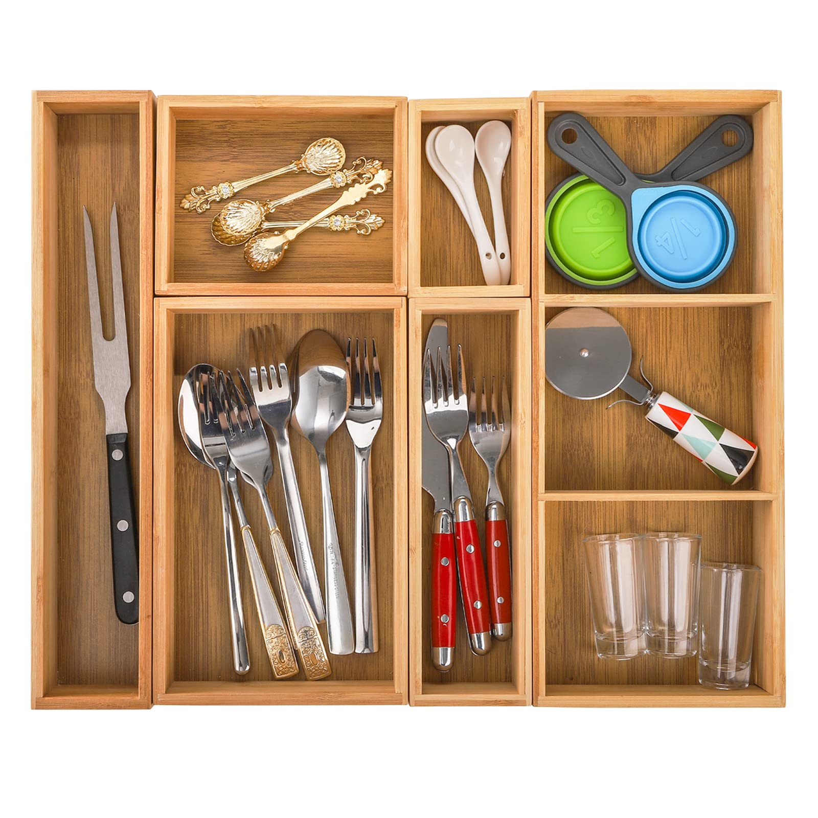YOUEON Set of 6 Bamboo Drawer Organizers with Dividers Adjustable Multipurpose Storage Tray and Drawer Insert Box Bamboo Storage Boxes Divider Make-up Organiser for Home Office Kitchen Bedroom Desk