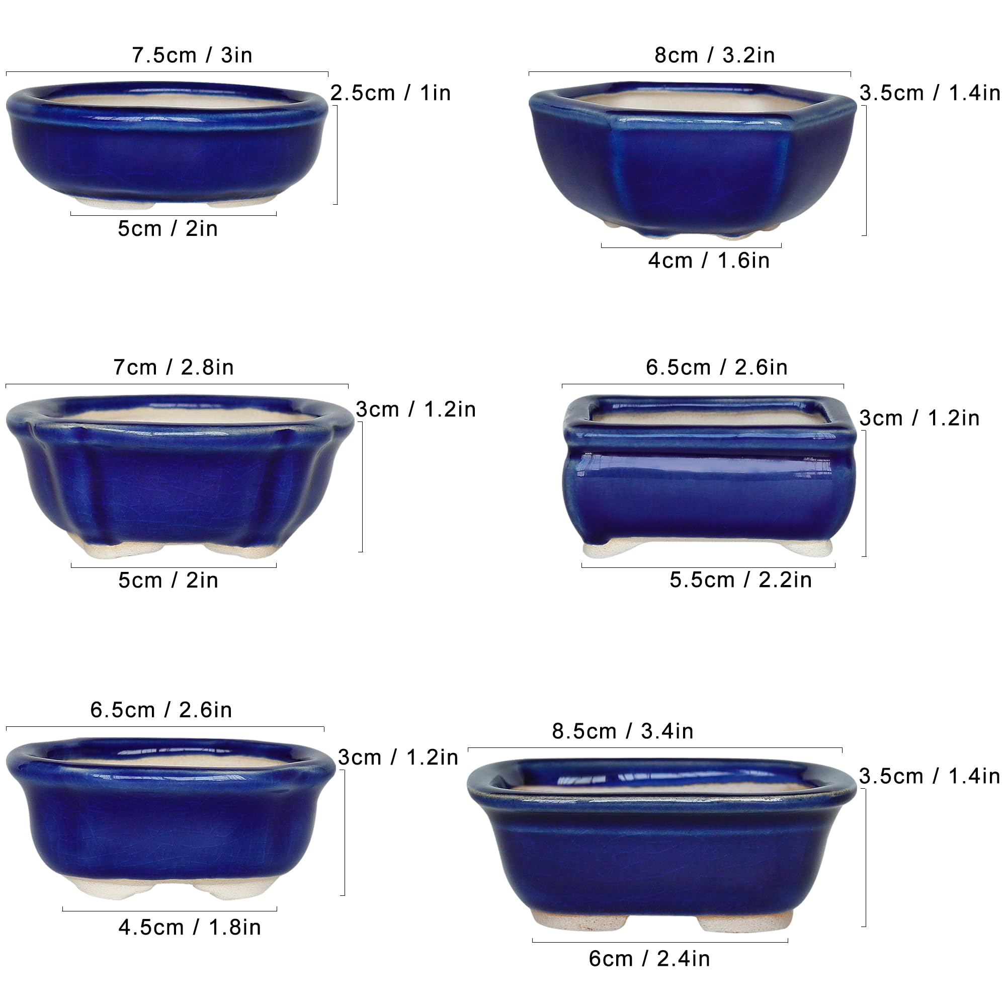 Happy Bonsai Planter Succulent 6 pc Mini Glazed Pots Value Set + 6 Drainage Screens